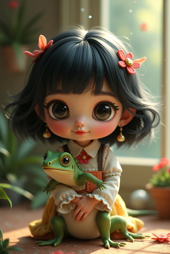 A cute chubby little girl,Double bun by the stream,Holding a big frog,dragonfly, Lotus leaf