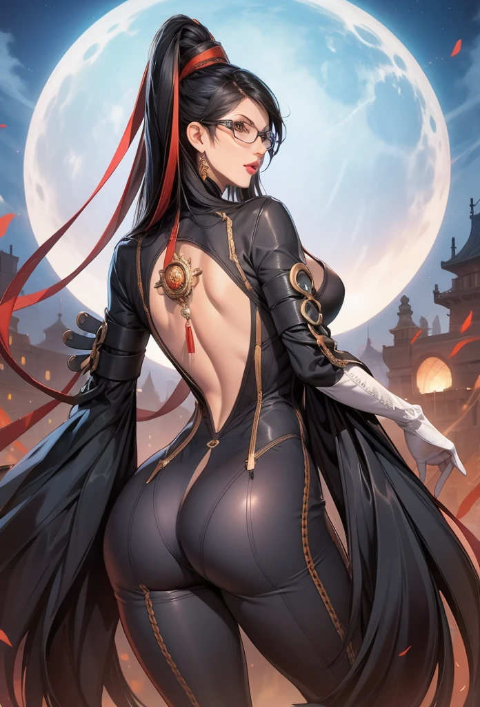 perfect eyes:1.2, detailed eyes:1.4, bayonetta_1_aiwaifu, long hair, black hair, glasses, grey eyes, mole under mouth, breasts, black clothes, skinsuit, jewelry, amulet, white gloves, feathered sleeves, red ribbon, ass, cowboy shot, 1girl, solo, (masterpiece:1.6, best quality), 8k, insane details, intricate details, hyperdetailed, hyper quality, high detail, ultra detailed, professional, HDR, ray tracing reflection, cinematic lighting,