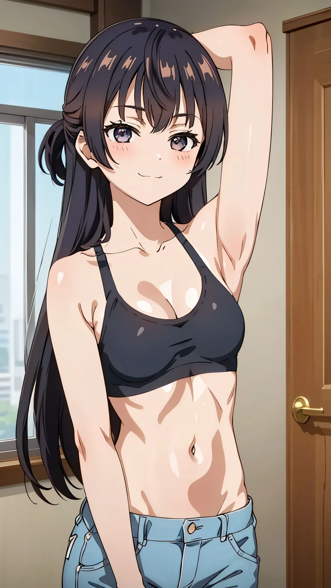 1girl, anime artstyle, masterpiece, highres, solo, 8k, detailed, perfect face, best quality, (ultra high quality), (looking at viewers), (armpit), collarbone, bare arms, bare shoulders, small breast, cleavage, black hair color, long hair, belly, stomach, navel, abs, sport bra, white bra, mini short, denim short, slim body, upper body, thighs, closed mouth, smile, blush, indoors, hand up