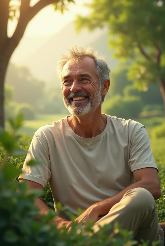 A 50-year-old Thai man wearing a white e-sports T-shirt with medium muscles sits on a log, facing forward, with large, gentle eyes.,Green rice fields in the back, During sunset, The sky is clear and blue, with soft light that is easy on the eyes.