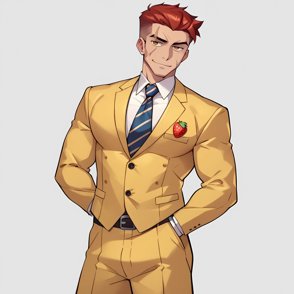 score_9, score_8_up, score_7_up, score_6_up, rating explicit, focus male, source anime, handsome guy, badguy, yellow suit with strawberry print, scar on face, hd, shaded face, outfit with a printed strawberry