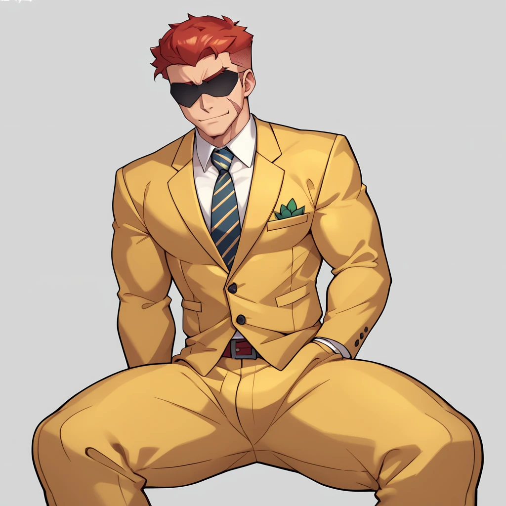 score_9, score_8_up, score_7_up, score_6_up, rating explicit, focus male, source anime, handsome guy, badguy, yellow suit with strawberry print, scar on face, hd, shaded face, outfit with a printed strawberry