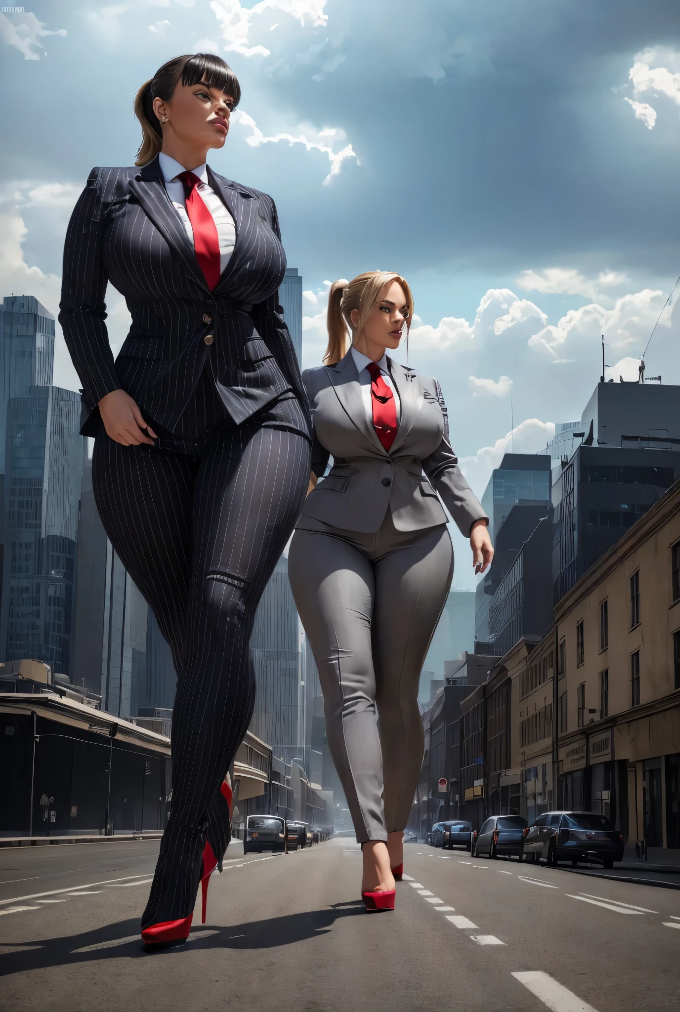 Brazilian, Bob haircut, sexy secretary, Two girls, muscular legs, muscular calves, Strong legs, muscular hips, wide thighs, Curvy hips, A full body shot, high-heeled sandals, tights in a net, Stiletto heels, Women's business suit with short shorts, large ring earrings, He really wants to pee, On a crowded street, Talking on the phone, wants to pee, desperately wants to pee, wants to urinate, An expression of shame on his face, confusion, Desperation on the face, crying, pinches the crotch with his hand, crumples the hem of the skirt with his hands, Knees clenched together, Tense posture, bites his lower lip, full bladder, terribly wants to go to the toilet, anatomically correct, Realistic, side-view