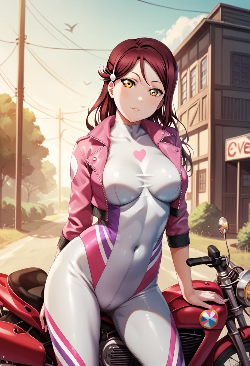 masterpiece, best quality, realistic anime art, front light,solo, wearing skin tight bodysuit,large breasts ,dark red hair ,thighs,yellow eyes , sakurauchi riko love live , head tilt, looking at viewer , biker