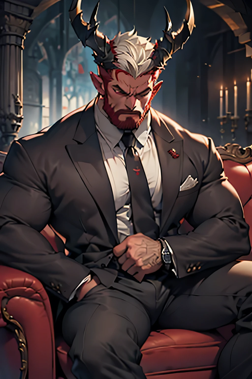 muscular demon, red skin, dark horns, serious tired look, wearing jacket and tie, sitting on sofa, digital art, hyper detailed, dramatic, moody, chiaroscuro