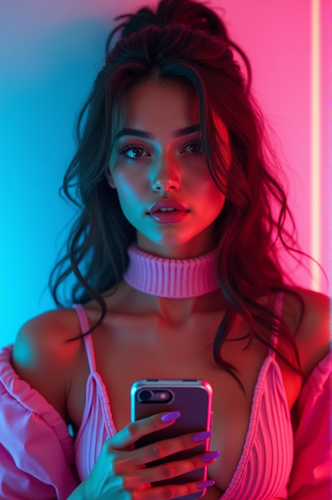 (Goddess of Instagram:1.4), (masterpiece:1.4, best quality), (photo realistic:1.4), modern and stylish appearance, with an aura of influence and allure, dressed in a trendy, chic outfit that blends high fashion with digital aesthetics, (hair perfectly styled in waves, reflecting the latest beauty trends:1.2), (eyes bright and captivating, with a subtle sparkle that draws attention:1.2), holding a smartphone or a digital device, surrounded by floating Instagram icons, likes, and comments, (background of a luxurious setting or a digitally enhanced environment with vibrant, colorful elements:1.2), (soft, glamorous lighting that accentuates her features and the digital elements around her:1.2), (dynamic and confident pose that emphasizes her role as a social media icon:1.2), rich textures, vibrant and eye-catching colors, (trendy pinks:1.2), (sleek blacks:1.2), (glowing whites:1.2), (dynamic composition with fluid lines and a sense of digital connectivity:1.2), high-quality and detailed, (awe-inspiring and trendy atmosphere:1.2), influential and captivating, perfect image quality, symbolizing the power of social media, beauty, and modern influence, captivating and trendy presence

