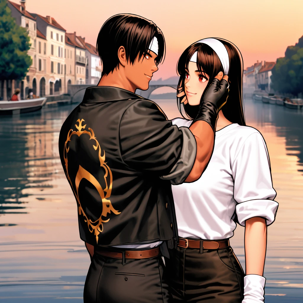 Orochio, dark skin, one person, red eyes, black jacket (sleeves rolled up), fingerless gloves, black hair, white t-shirt, ((white headband)), black pants, white shoes, brown belt, handsome, shot, attractive, masterpiece, high resolution, detailed face, fine grain, morning, sky, confident smile Smiling man and woman looking at river from flat bottom boat in Petit Venise, France, hand around mouth