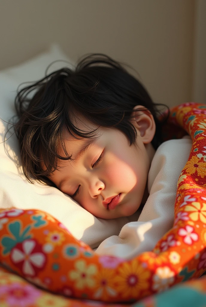 a sleeping child, covered by a colorful quilt and face on a white pillow