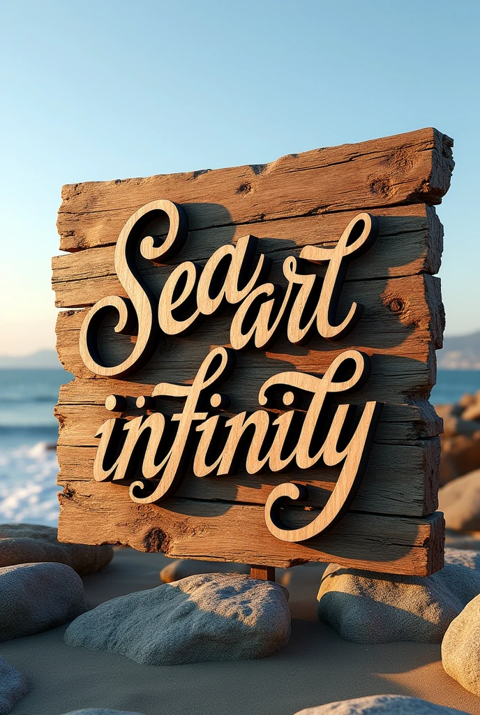 a large wooden sign that reads, "SeaArt Infinity" 3D Calligraphy Writing