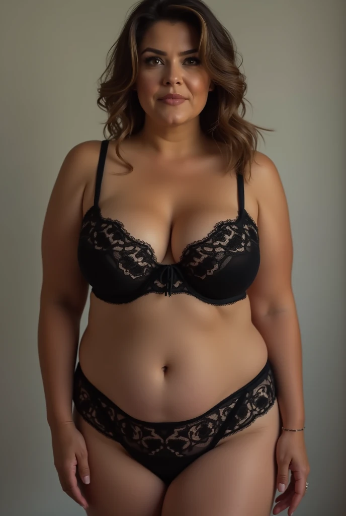 High resolution, High resolution, Attention to detail, masterpiece, Rough skin, Anatomically correct, sharp, Gray background((Japanese Mature, Beauty Witch)), alone, ((Facial wrinkles、50 Talent)), Shapely large breasts, Straight light brown hair reaching to the shoulders, Understand the collarbone、Waistline、 (((Stand upright, Facing the center of the screen.))),、Future outlook, ((See-through underwear)),smile