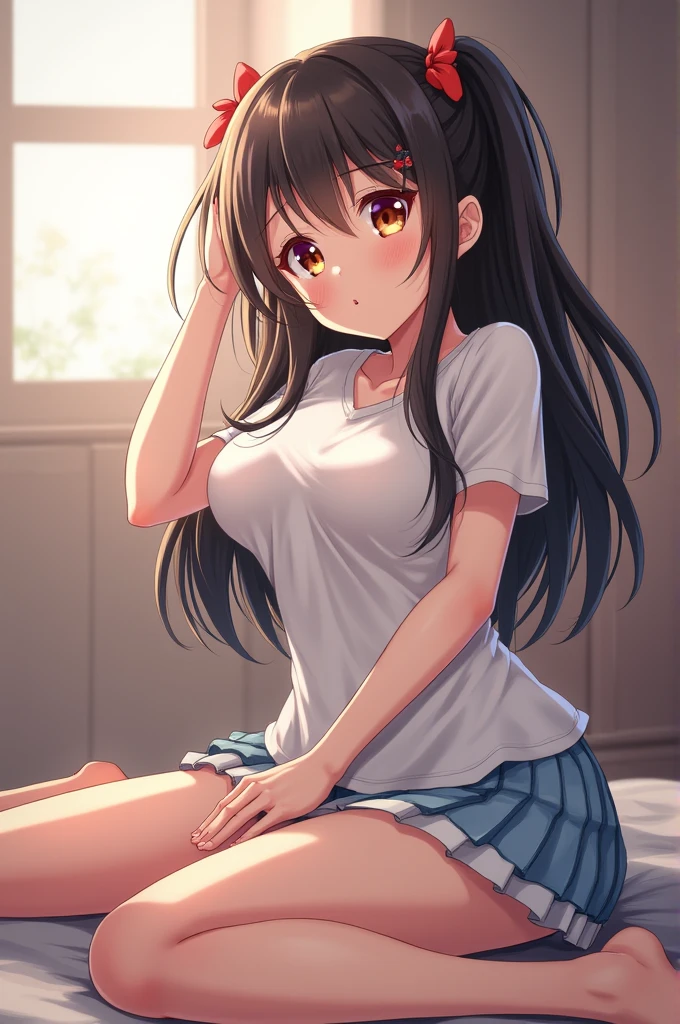 ((best quality)), ((masterpiece)), (detailed), 1 girl, in bed, girl is showing her thighs and peeing through her skirt, peeing her skirt, hand between her thighs, embarrassed, blushing in the face,
