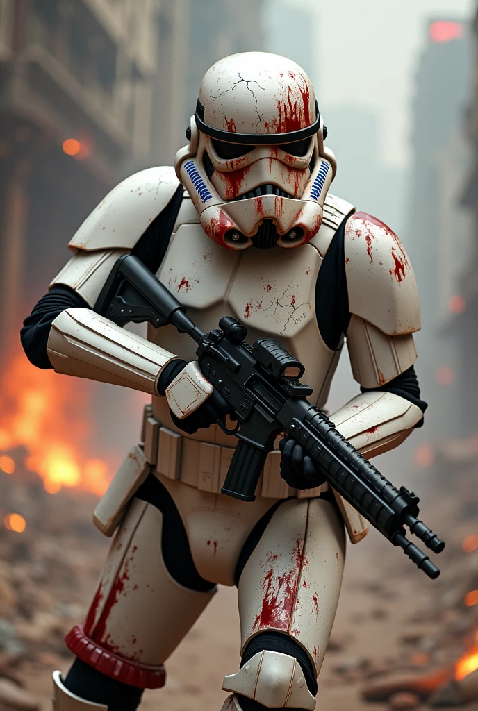 perfect hands, perfect finger,perfect anatomy, masterpiece, best quality,realistic, hyperrealistic, 16k hdr,1 mature female,,female StormTrooper in Star wars,armor,white full face helmet,damaged white armor,(large breasts:1.2),fighting pose,(holding gun:1.2)