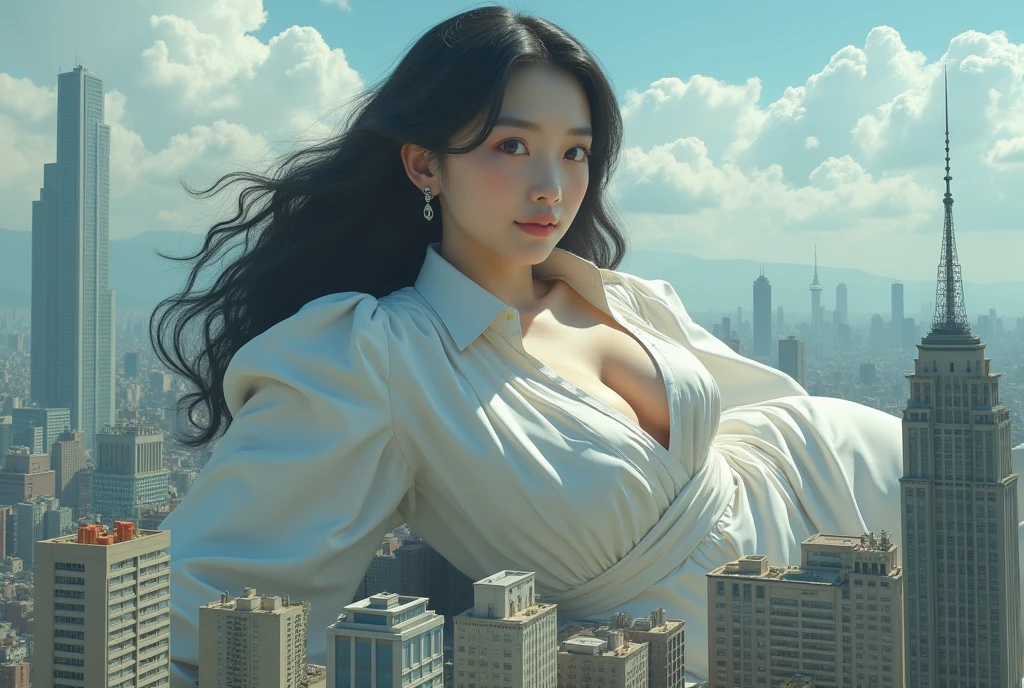 a woman (wearingOffice secretary clothes,Very large breasts, their hair become black hair, their face become beautiful korean face:1.2)