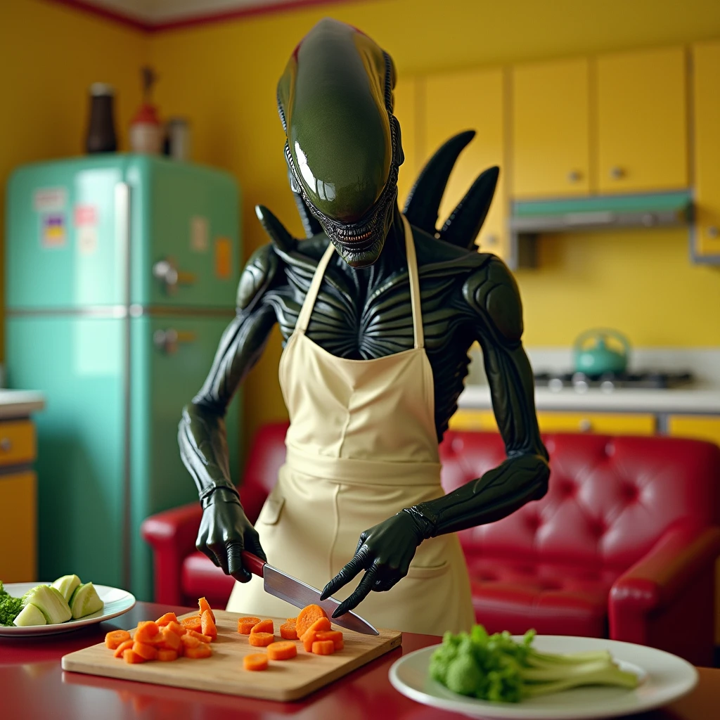 hdr, dinosaur, alien, blue body, sharp teeth, standing, wearing apron,
indoors,kitchen, holding a plate of food, table full of food, looking at viewer, smiling, happy,
absurdres, extremely detailed, <lora:EdobAlienSpecies_v1.0:.8>