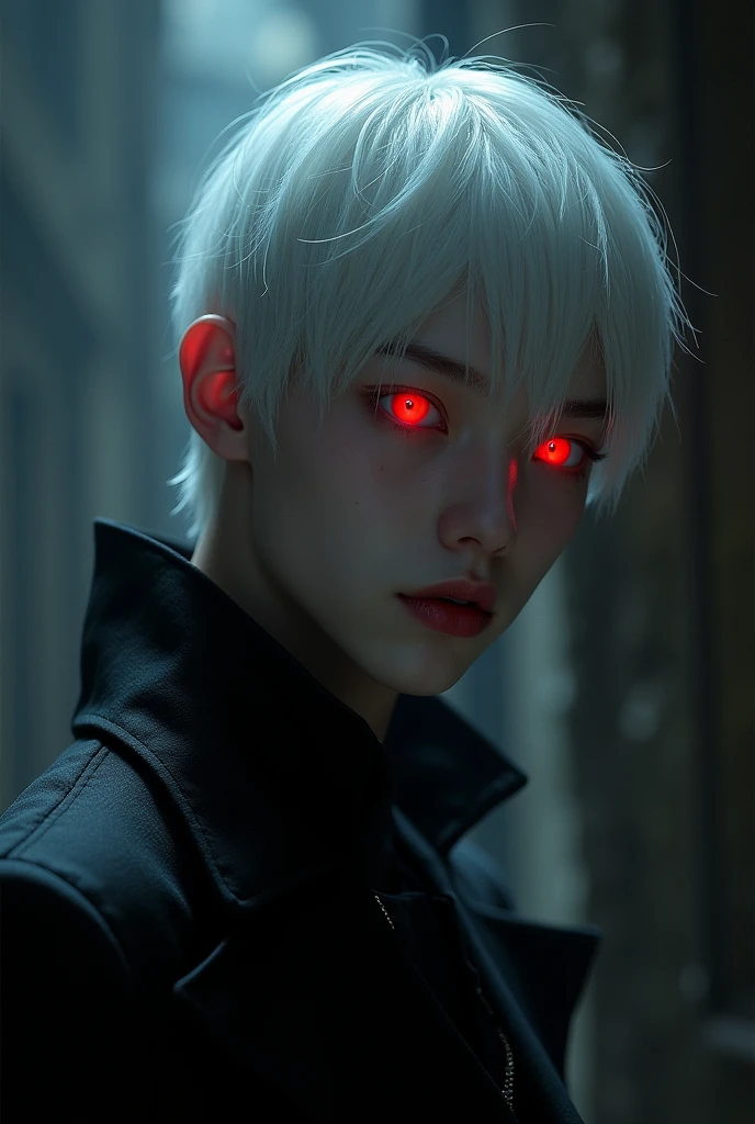 young man 19 years, ((best quality)), ((masterpiece)), (detailed), (Full body), perfect face, a beautiful and sexy demon, he has white hair and sky blue eyes, his teeth are sharp and pointed. His hands are stained with blood.