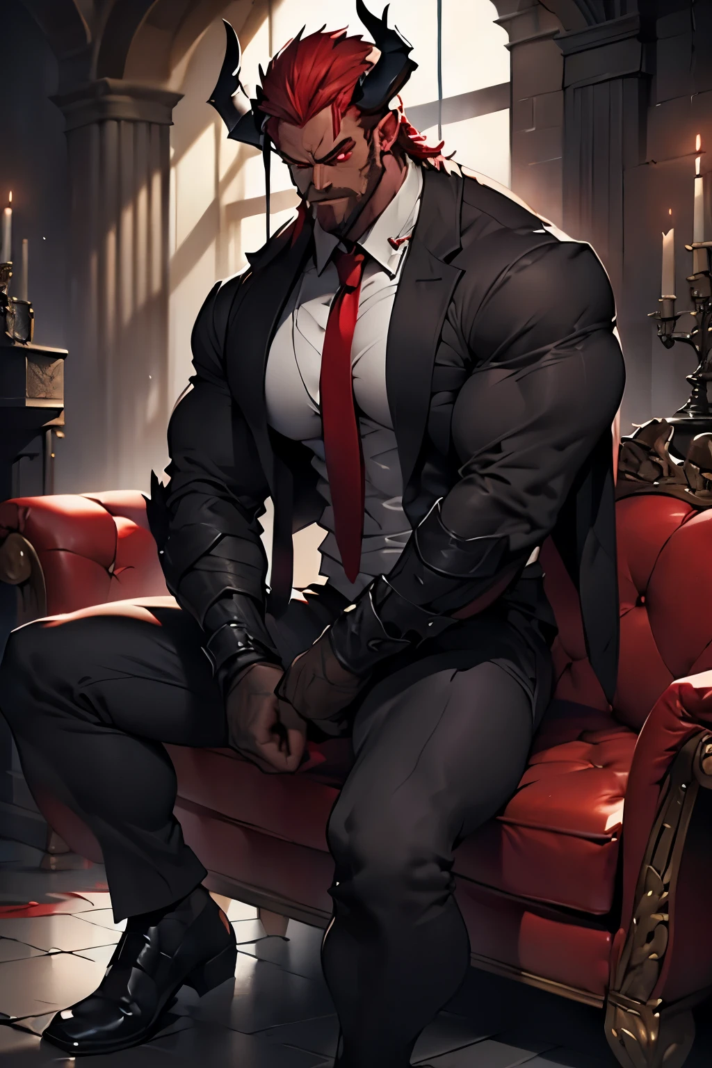 muscular demon, red skin, dark horns, serious tired look, red eyes, straight pose, black jacket, red tie, sofa, digital art, hyper detailed, 8k, masterpiece, cinematic lighting, dramatic shadows, chiaroscuro, moody, gritty, gothic, dark fantasy