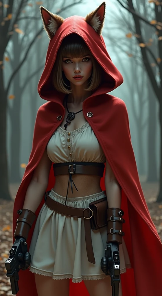 extremely beautiful red riding hood, subtle makeup, golden hour, photorealistic, high contrast, 8k HD, detailed, hyper-detailed, realistic skin texture, covered with red hood, large breast, best quality, ultra high res, raw photo, dramatic lighting, unreal engine, diffuse glow, intricate red hood, outdoor, realistic detailed dark forest, falling leaves, breeze, holding light saber