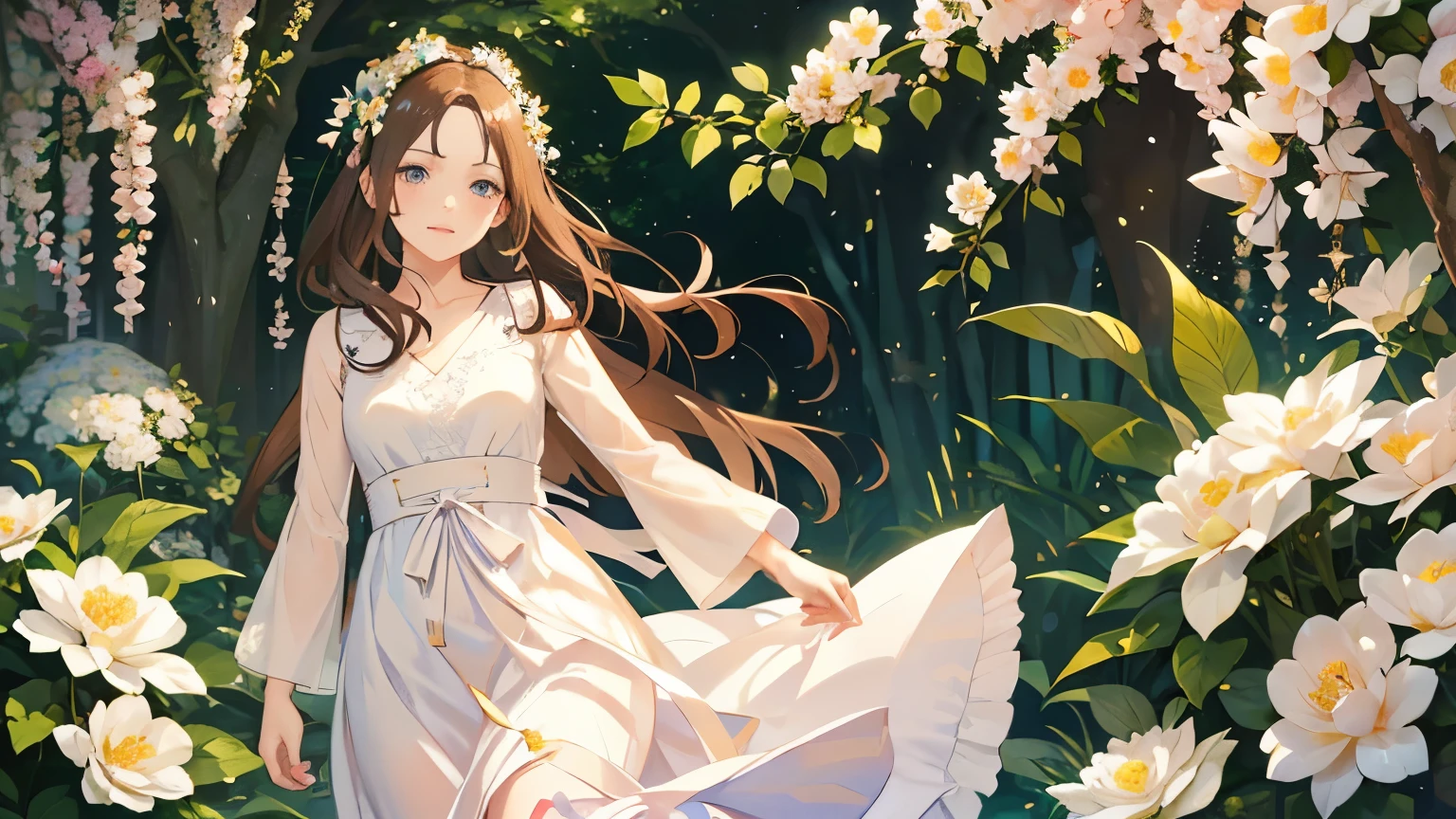 a beautiful young girl with short flowing brown hair, detailed realistic facial features, piercing blue eyes, delicate porcelain skin, intricate flower hair accessories, flowing white dress, standing in a lush garden surrounded by blooming flowers, soft lighting, serene and peaceful atmosphere, highly detailed, photorealistic, 8k, masterpiece rin nohara, facial pinture