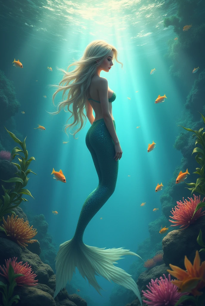 (professional photo:1.3) Fujifilm X-T3, 35mm lens ((Mermaid swims all over)) (Realistic:1.3) most beautiful artwork photo in the world,(((Blond hair))), (( Brown eyes)), brunette, Caucasians, ((long mermaid tail)), (((Detailed mermaid fins))), full body, sport, Features: Soft and shiny, ((Epic mermaid fantasy very long hair in dynamic pose, flying hair, Full tail, Fantastic location, Majestic cluttered environment)), full body, topless, 8k unity render, action shot, skin pore, heavyshading, Detailed, Detailed face, (vibrant, photograph realistic, Realistic, Dramatic, Dark, Sharp focus, 8K), (fish scales:1.4), ((((Mermaid tail)))), (Intricate:1.4), decadent, (Highly detailed:1.4), Digital painting, rendering by octane, art stations, concept-art, smooth, Sharp focus, illustration, Art germ, (loish:0.23), (Global illumination, Studio light, volumettic light), Underwater, Ocean, lotr, fantasy, mermaid, ((Sea background:1.3)),CGSesociety,art stations, surrounded by plenty of colorful coral fish,