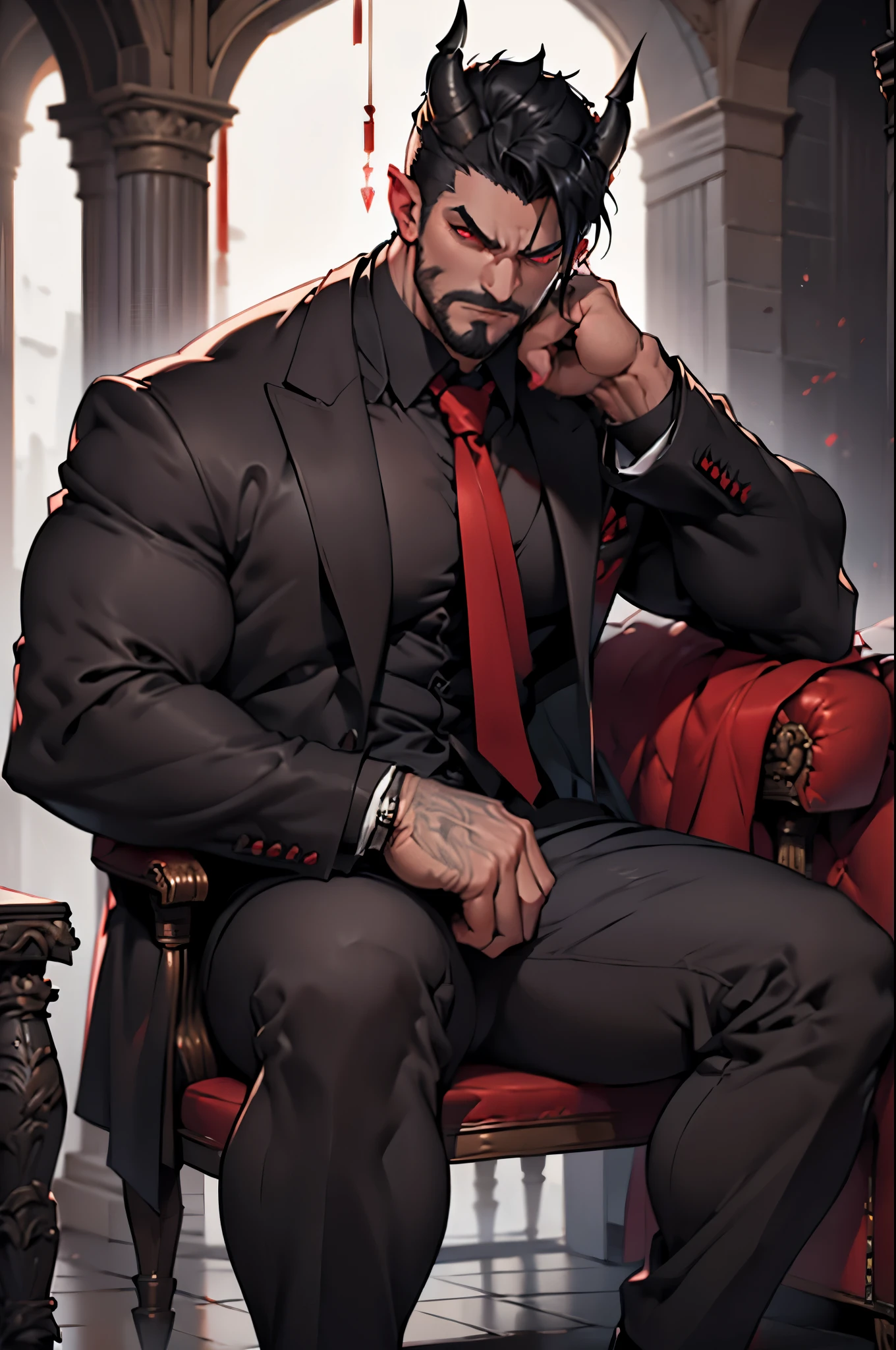 muscular demon, red skin, Short black hair, dark horns, serious tired look, red eyes, straight pose, black jacket, red tie, Sitting on a sofa, digital art, hyper detailed, 8k, masterpiece, cinematic lighting, dramatic shadows, chiaroscuro, moody, gritty, gothic, dark fantasy