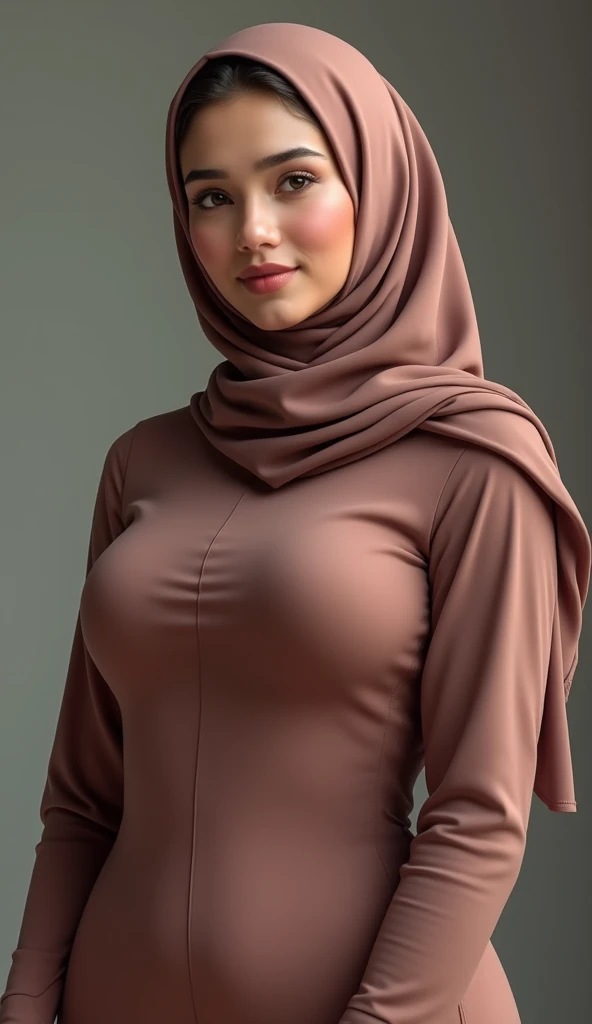 a beautiful asian muslimah woman with beautiful cheeks wears goat lycra turtleneck unitard catsuit with tail.She always wear goat lycra dancewear hijab with horns.