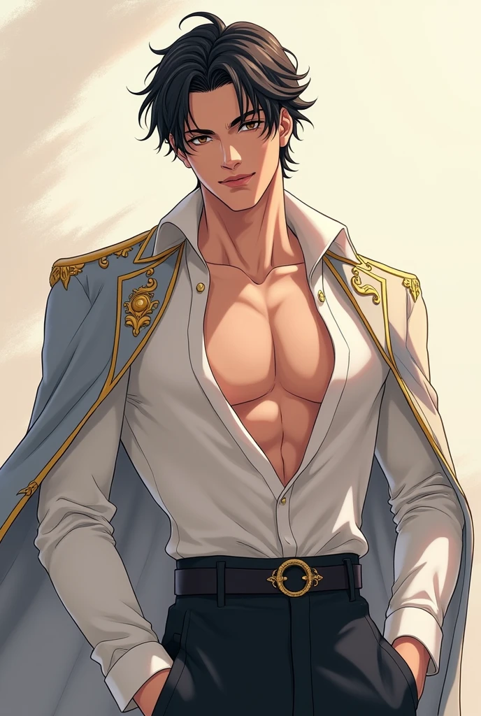 close-up on the face of a handsome and sensual young 18-year-old male, athletic body, spiky black hair, blue eyes with star-shaped pupils, white jacket with gold details, no shirt under the jacket, black pants with gold details. In the bedroom.