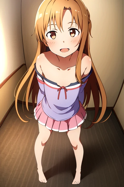 ((Best Quality)), ((masterpiece)), (be familiar with), Perfect Face, indoor, bedroom, Watching the audience,
One woman, Yuuki Asuna,
Open Mouth, Ecstatic expression, blush, smile,
Small breasts, Flat Chest, , , child, Girl,
Long Hair, Long Hair,
Leg spread,