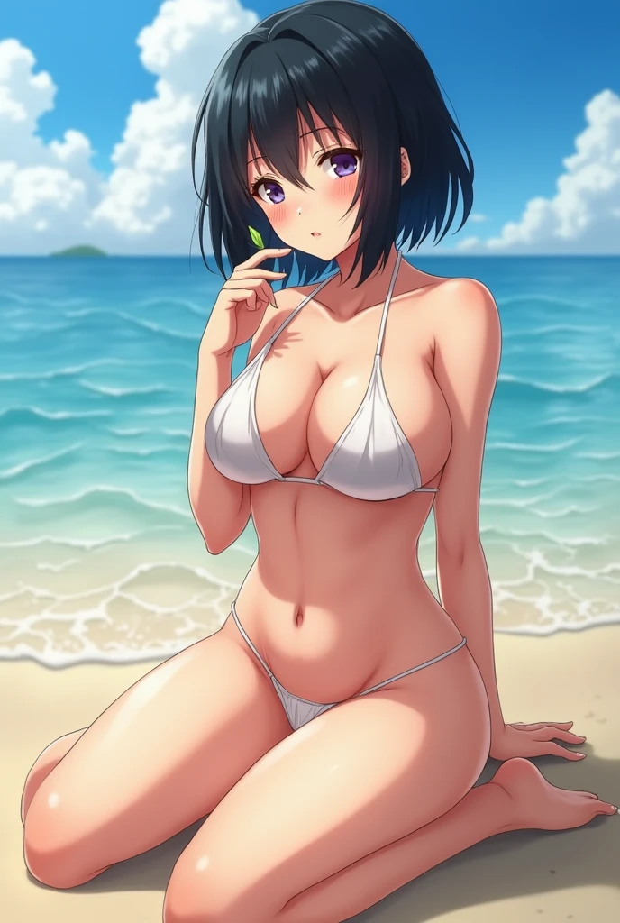 hand , blue eyes, Short black hair, Blue ribbon in hair, Mid-chest, One girl, Full nudity ,Thin pubic hair､ Beach, Beach path, Absurd, High resolution, Super sharp, 8K, masterpiece, View your viewers