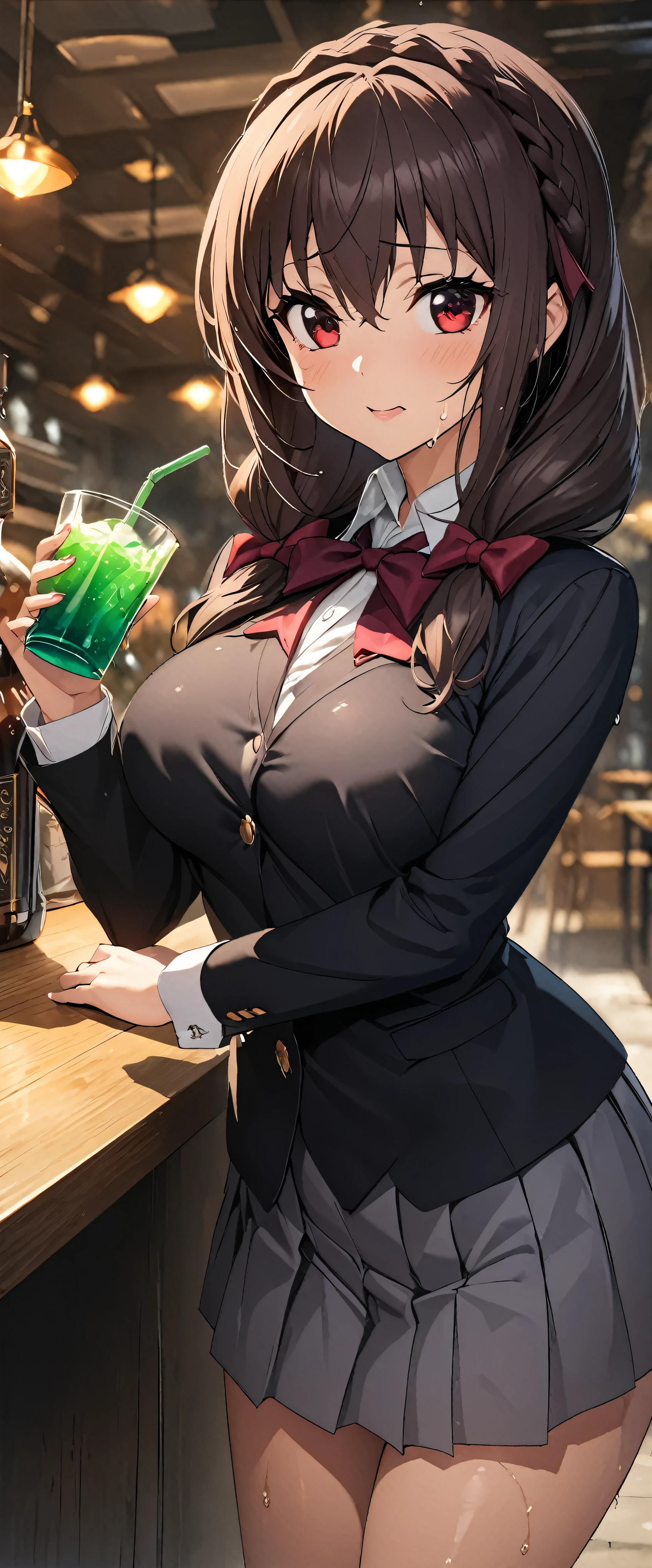 (((masterpiece)))、((Highest quality))、(Ultra-detailed)、(CG illustration)、(Very beautiful woman))、Cinematic Light、((1 Female))、 、(Beautiful and luxurious:1.2)、(One Woman:1.3)Town,,((school uniform),Wet with sweat,Beautiful ponytail,Drink a drink,Date,Yunyun