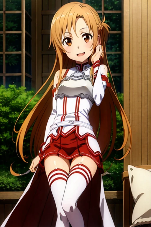 ((Best Quality)), ((masterpiece)), (be familiar with), Perfect Face, indoor, bedroom, Watching the audience,
One woman, Yuuki Asuna,
Open Mouth, Ecstatic expression, blush, smile,
Small breasts, Flat Chest, , , child, Girl,
Long Hair, Long Hair,
Leg spread,