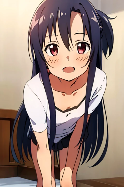 ((Best Quality)), ((masterpiece)), (be familiar with), Perfect Face, indoor, bedroom, Watching the audience,
One woman, Yuuki Asuna,
Open Mouth, Ecstatic expression, blush, smile,
Small breasts, Flat Chest, , , child, Girl,
Long Hair, Long Hair,
Leg spread,