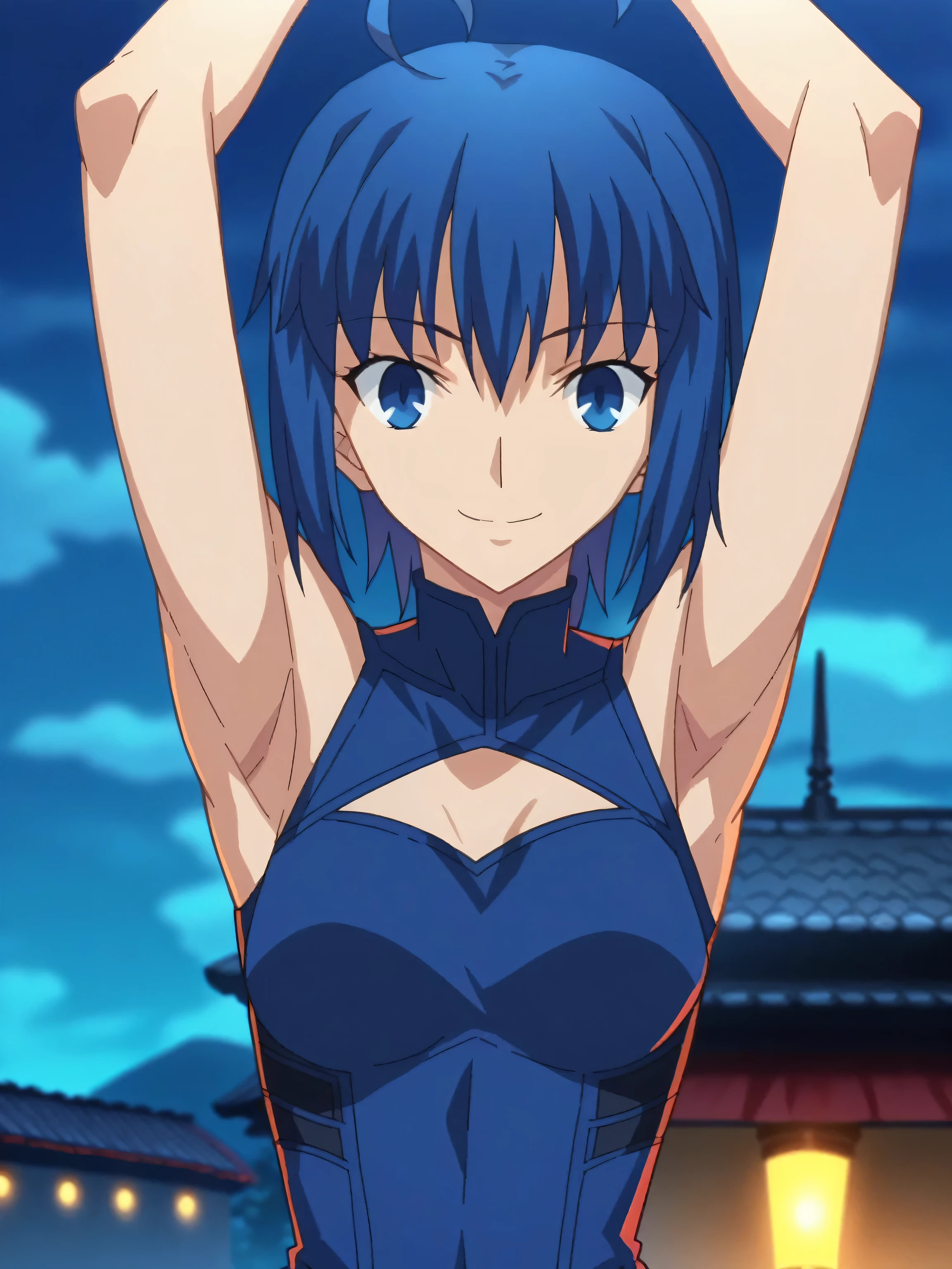 score_9, score_8_up, score_7_up, source_anime, anime screencap, outdoors, night, ciel, dark blue hair, dark blue outfit, clothes cutout, sleeveless, looking at viewer, eye contact with viewer, smile, closed mouth, arms up, raised arms, fate_go_style