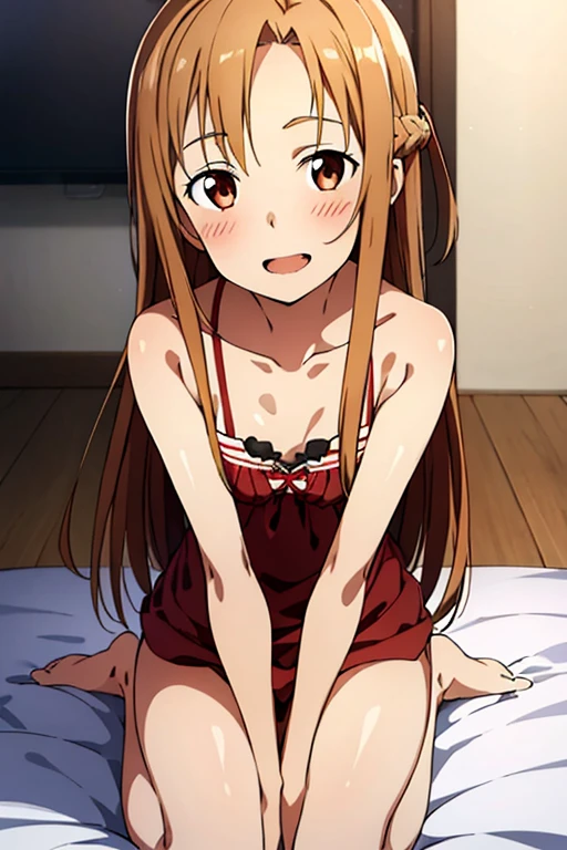 ((Best Quality)), ((masterpiece)), (be familiar with), Perfect Face, indoor, bedroom, Watching the audience,
One woman, Yuuki Asuna,
Open Mouth, Ecstatic expression, blush, smile,
Small breasts, Flat Chest, , , child, Girl,
Long Hair, Long Hair,
Leg spread,