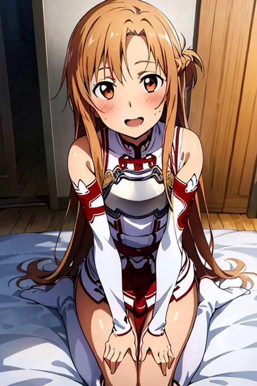 ((Best Quality)), ((masterpiece)), (be familiar with), Perfect Face, indoor, bedroom, Watching the audience,
One woman, Yuuki Asuna,
Open Mouth, Ecstatic expression, blush, smile,
Small breasts, Flat Chest, , , , Girl,
Long Hair, Long Hair,
Leg spread,