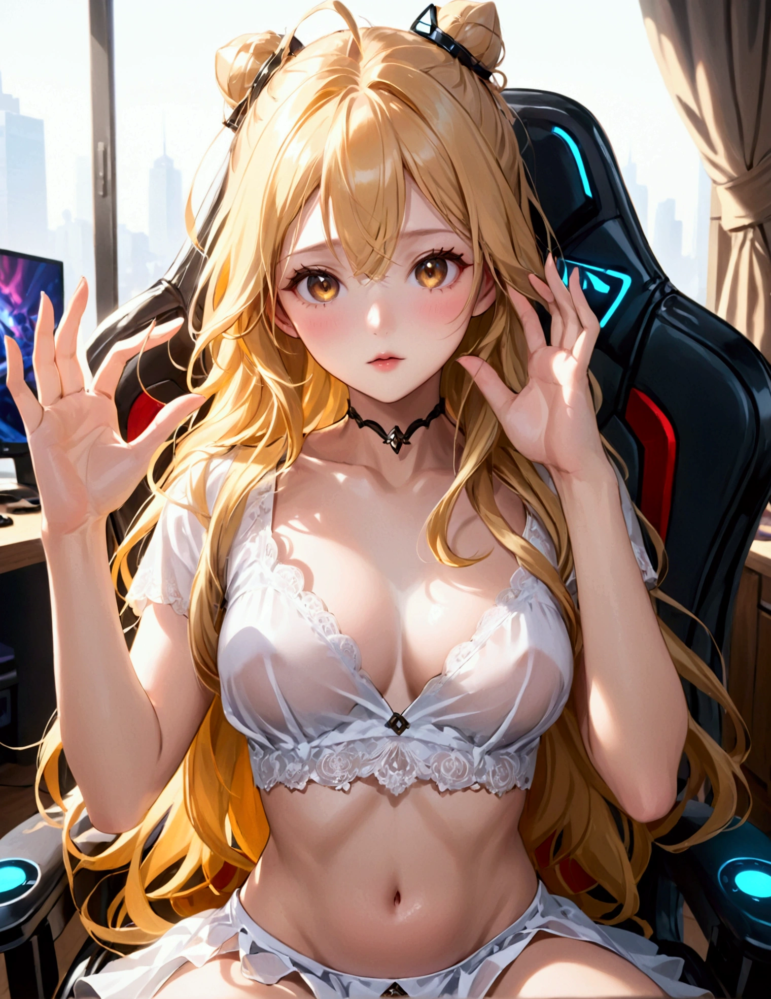 A beautiful Korean, , flowing blonde hair, in a short white skirt lifting her hands and showing her panties, her panties are made of transparent silk, showing the entire silhouette of her vagina, expressive and bright honey-colored eyes, She is sitting on a gamer chair looking at the camera making an orgasm face and opening her legs showing her vagina, estino anime 8k, HDR, UHD, photorealistic, intricate details, extremely detailed, incredible details, hyper-realistic, extremely intricate details. 