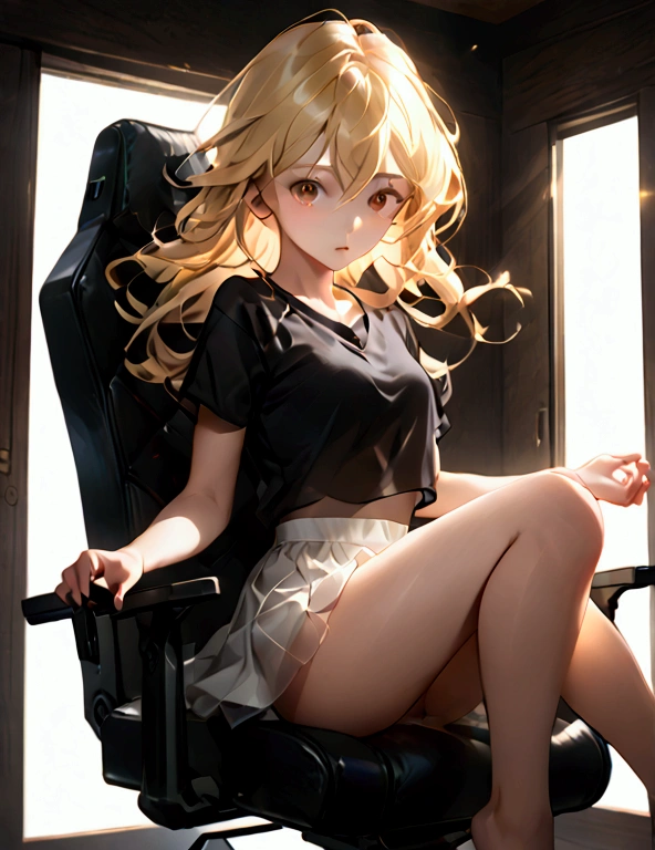 A beautiful Korean, , flowing blonde hair, in a short white skirt lifting her hands and showing her panties, her panties are made of transparent silk, showing the entire silhouette of her vagina, expressive and bright honey-colored eyes, She is sitting on a gamer chair looking at the camera making an orgasm face and opening her legs showing her vagina, estino anime 8k, HDR, UHD, photorealistic, intricate details, extremely detailed, incredible details, hyper-realistic, extremely intricate details. 