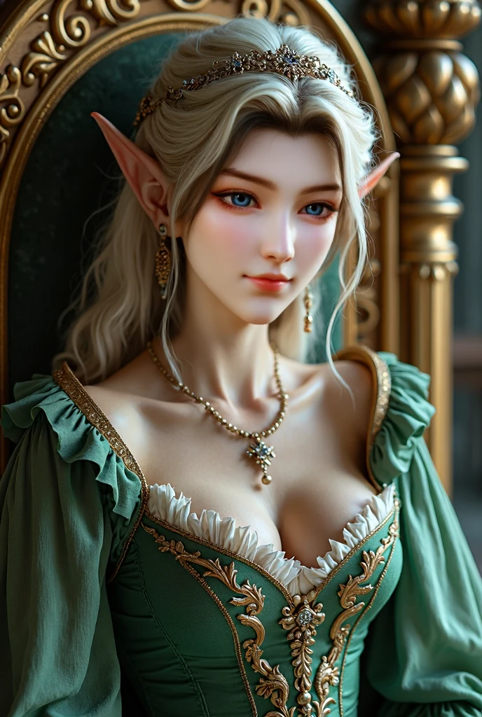 a beautiful elf princess, palace, attendants, princess gown, intricate details, ornate architecture, warm lighting, fantasy, digital art, cinematic, highly detailed, 8k, photorealistic