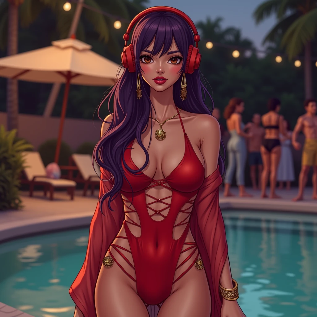 (Best Quality,4k,8k,High resolution,masterpiece:1.2),ultra detailed, animated style, vaporwave aesthetics, Line art, huge breasts, bimbo, Thin and thick waifu:1.5, bikini with harness, purple and hot pink background, setting sun, Erotic pose:1.5, Use large headphones, waifu, seductive expression:1.2, smile