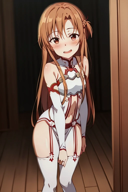 ((Highest quality)), ((masterpiece)), (be familiar with), Perfect Face, indoor, Bedroom, Watching the audience,
One woman, Yuuki Asuna,
Open Mouth, Ecstatic expression, blush, smile,
Small breasts, Flat Chest, , , child, Girl,
Long Hair, Long Hair,
Fully nude, Nipples exposed, Sex with a man with a big dick, 膣内ejaculation, Semen is taken, Insert a into your, Sex in the missionary position, , Leg spread,