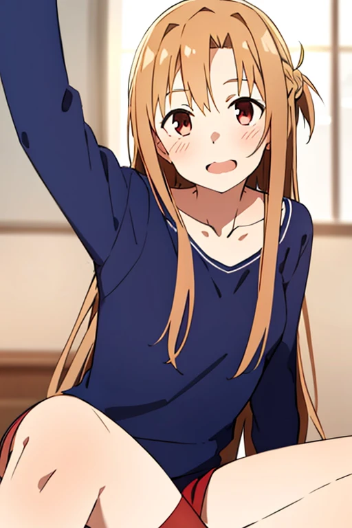 ((Best Quality)), ((masterpiece)), (be familiar with), Perfect Face, indoor, bedroom, Watching the audience,
One woman, Yuuki Asuna,
Open Mouth, Ecstatic expression, blush, smile,
Small breasts, Flat Chest, , , child, Girl,
Long Hair, Long Hair,
Leg spread,