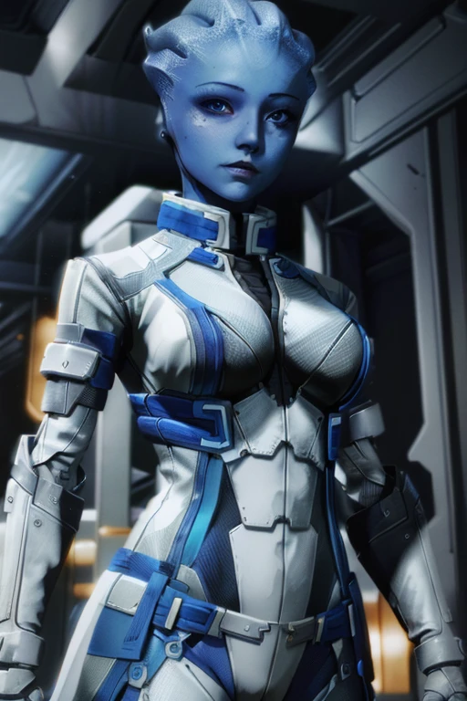 ((masterpiece:1.3), (best quality:1.3),  LiaraME, blue skin, alien, 1girl, solo, breasts, upper body, bodysuit, colored skin, science fiction, realistic