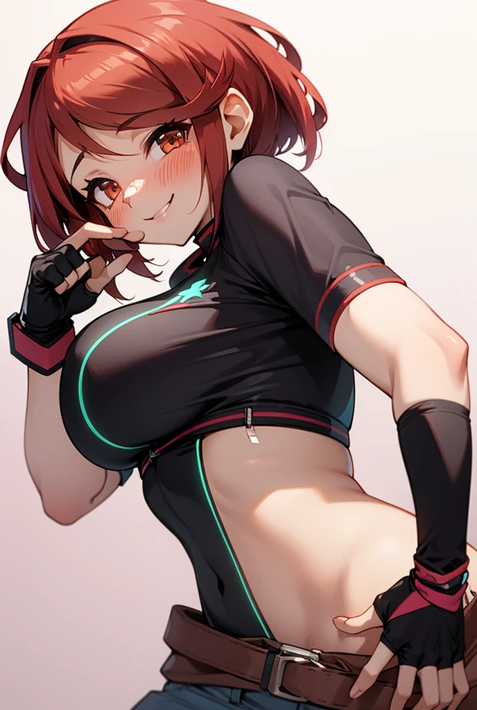 Pyra Homura, reddish hair in ponytail, white shirt with dark long sleeves, jeans, sneakers, fingerless gloves, room stage, woman to reactive and cute, provocative and affectionate demeanor, friendly and daring smile at the same time, noticeably in love, slight blush, provocative pose 