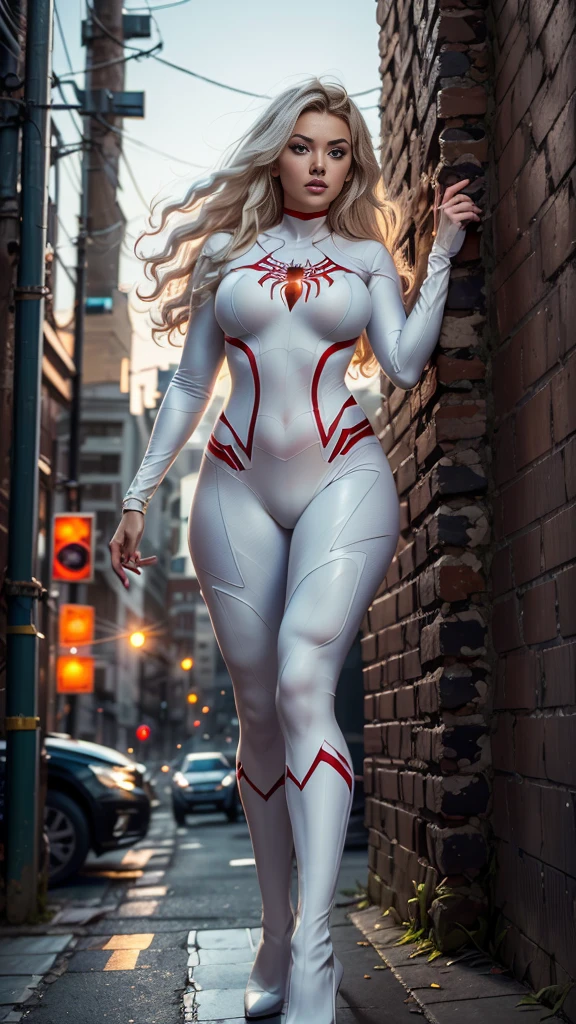 (Masterpiece, 4K resolution, ultra-realistic, highly detailed), (White costume superhero theme, charismatic, girl on top of the city, wearing white Spider-Man costume, superheroine), [((2), (long white hair:1.2), full-body, (blue eyes:1.2), (Spider-Man dynamic poses) ((gritty urban environment):0.8)| (urban landscape, nighttime, dynamic lights), (full moon))]