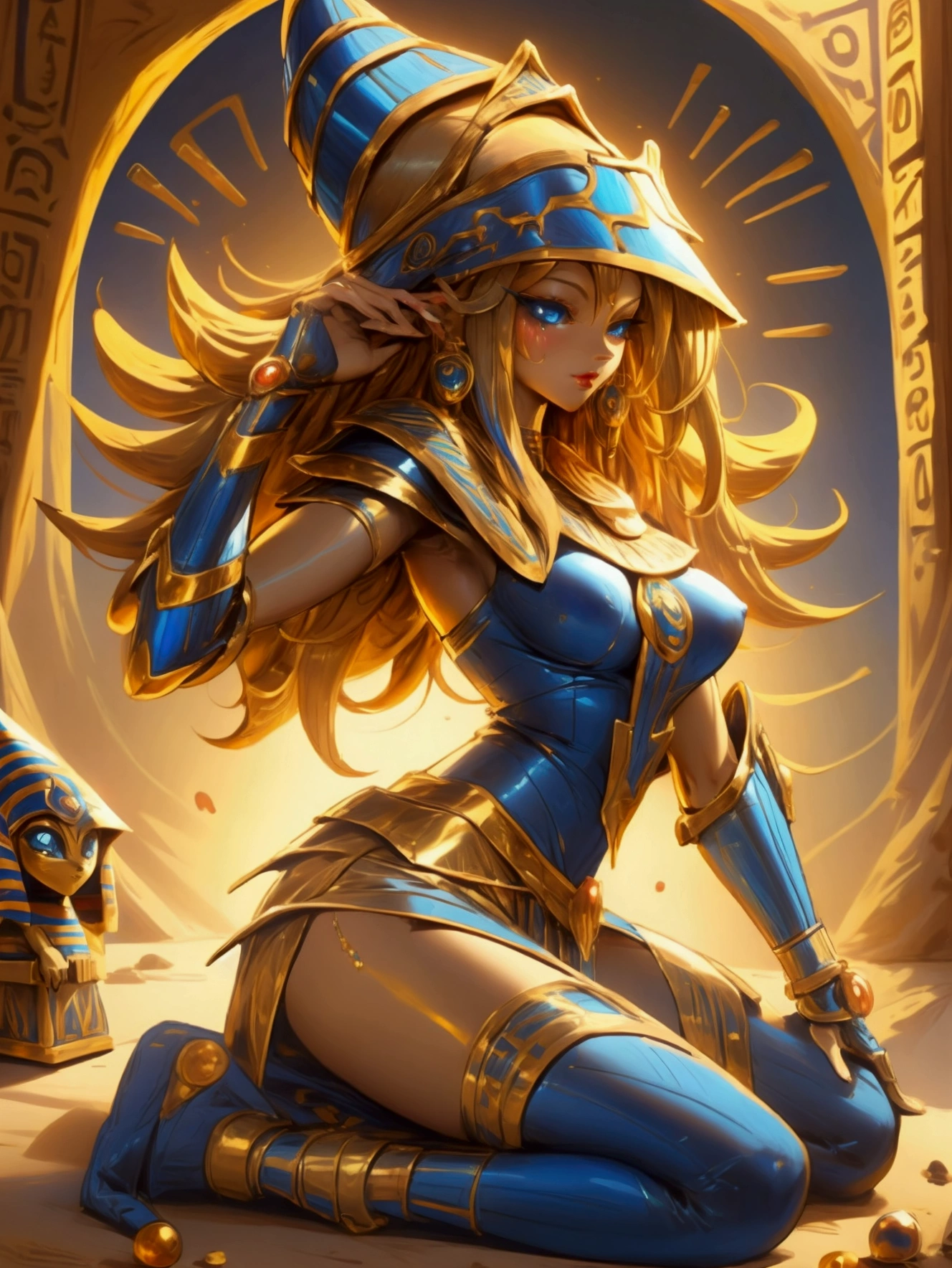 Beautiful dark magician gils dressed as an Egyptian goddess. blue eyes. red lips. Long wavy blonde hair. Dressed in gold and showing her tits and nipples. Where there are pyramids and a jaguar at your side as a pet. 