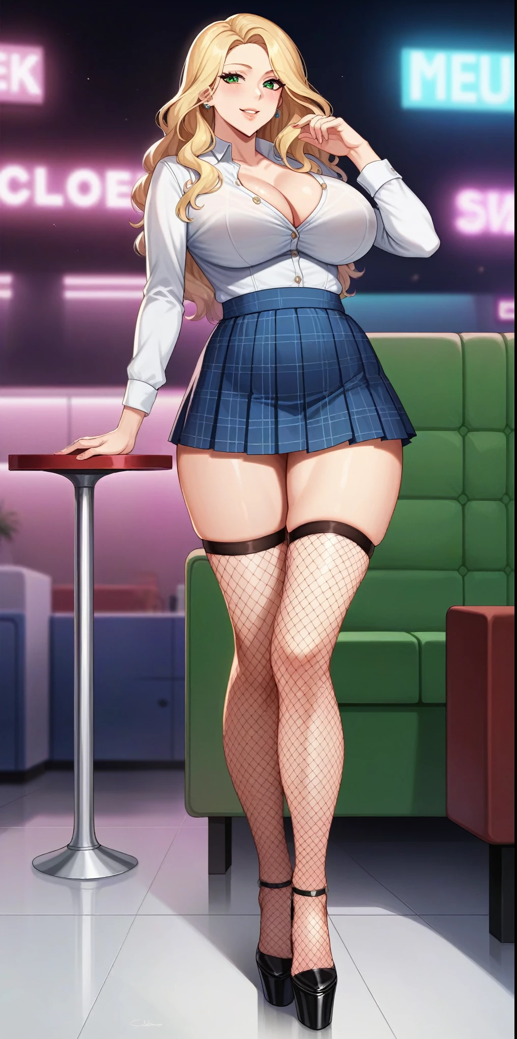Adult, female, mature, blonder, voluminous bangs, long wavy hair, blonder hair, long hair with bangs, perfect green eyes, perfect blue irises, voluptuous body, big breasts, plump lips, slender figure, white blouse, buttons and long sleeves, plaid pleated skirt, transparent black fishnet socks, tight, seductive round ass, tight, cleavage, pressing breasts together, sexy pose in the nightclub, in a provocative pose, high heels, white platform heels, techno, at night, booth seats, leaning in cyber decor, sexy woman, dominant, cheeky smile, seductive, leaning in booth head shot, shot, close up, (Masterpiece, Anatomically Correct, Accurate, Best Quality, Detail, High Details, Quality, Super Detailed, High Quality, Skin Detail, Amazing Skin Detail), (SuperQuality:1.0) ~ (SuperQuality:1.2)