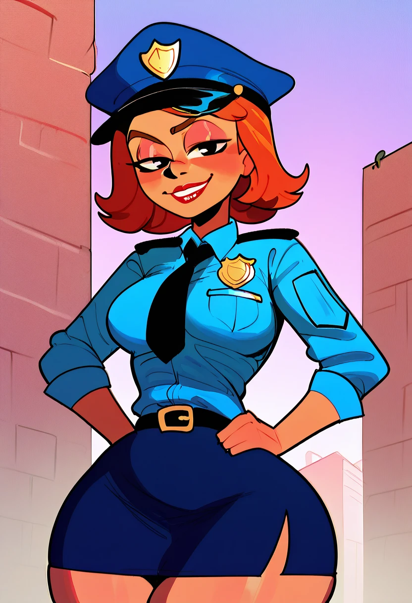 score_9, score_8_up, score_7_up, BREAK, 1girl, solo,  debsturnbull, makeup, police uniform, outdoors, hat, giant  hips, looking at viewer, skirt, smug