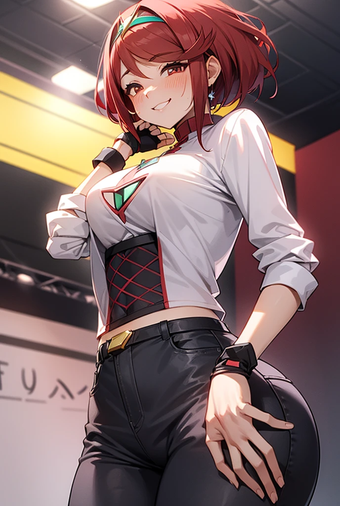 Pyra Homura, reddish hair in ponytail, white shirt with dark long sleeves, jeans, sneakers, fingerless gloves, room stage, woman to reactive and cute, provocative and affectionate demeanor, friendly and daring smile at the same time, noticeably in love, slight blush, provocative pose 