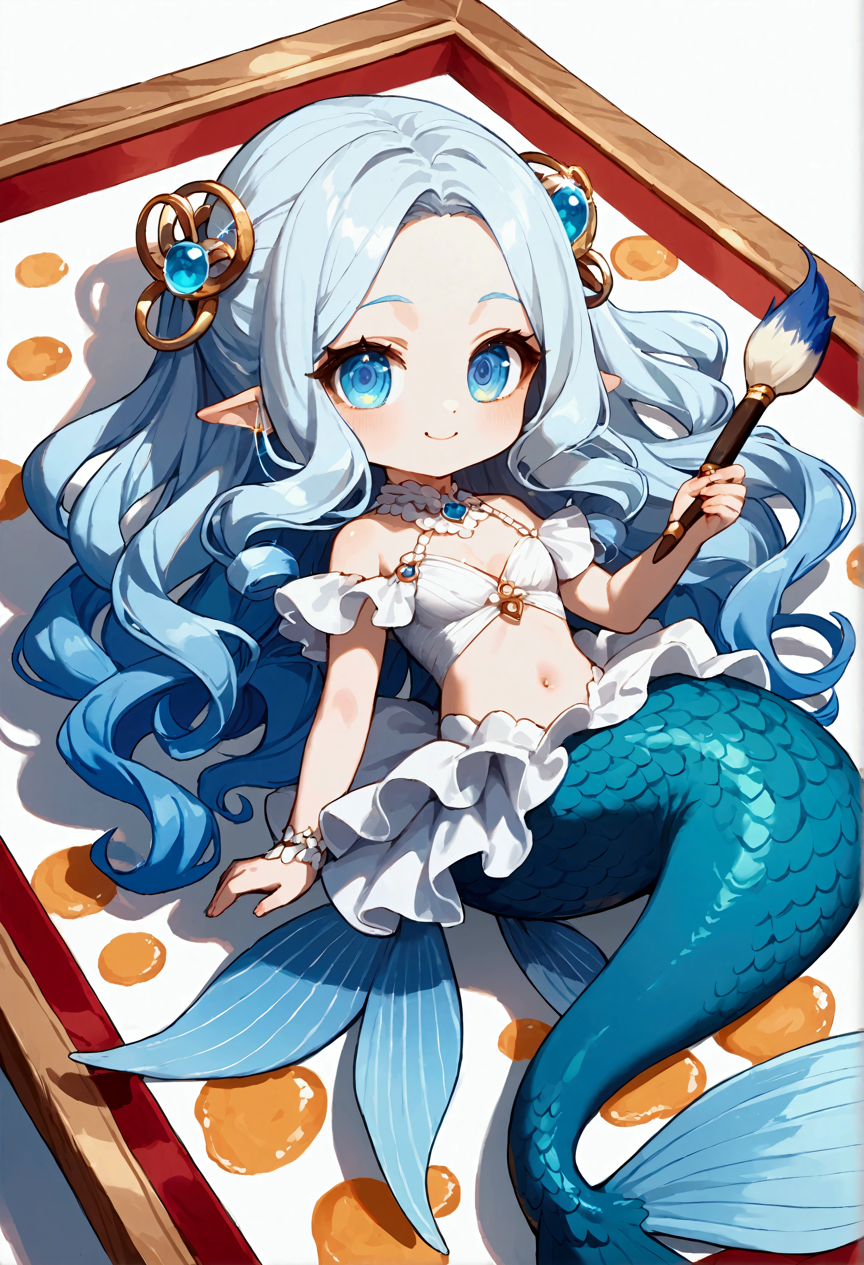 score_9, score_8_up, score_7_up, score_6_up, score_5_up, score_4_up, source_anime,source_furry,rating_safe,rating_questionable,masterpiece, best quality, perfect anatomy , very aesthetic , absurdres,,solo,1girl\(cute, mermaid, long blue hair, beautiful shiny scales, big eyes, chibi, big smile, white elegant swimwear, (1hair ring\((at side of the head), blue and white spiral\):1.2), (paintbrush\((huge:1.3),as big as girl\)\):1.2),ocean, ((white background))