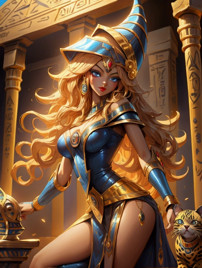 Beautiful dark magician gils dressed as an Egyptian goddess. blue eyes. red lips. Long wavy blonde hair. Dressed in gold and showing her tits and nipples. Where there are pyramids and a jaguar at your side as a pet. 