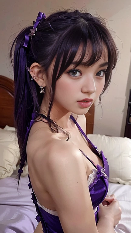 Teen girl in satin purple lingerie laid on the bed, small natural breasts, nsfw, Earrings, (((Trendy hairstyles))), accurate and erotic